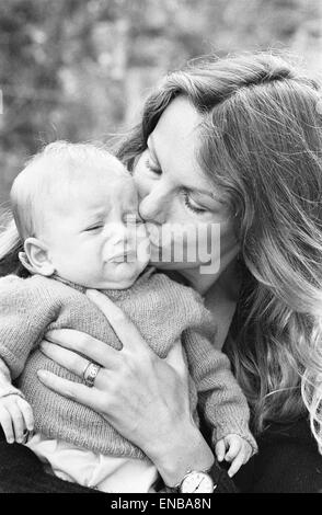 Former model Jean Shrimpton, 36, pictured with baby son Thaddeus, aged 3 months, at home in Cornwall, Tuesday 2nd October 1979. Stock Photo
