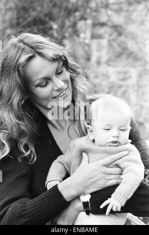 Former model Jean Shrimpton, 36, pictured with baby son Thaddeus, aged 3 months, at home in Cornwall, Tuesday 2nd October 1979. Stock Photo