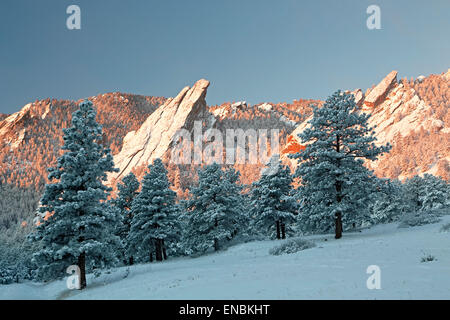 Flatirons covered in snow, Boulder Open Space and Mountain Park, Boulder, Colorado USA Stock Photo