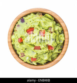 Guacamole in Wooden Bowl Isolated on White Background Stock Photo