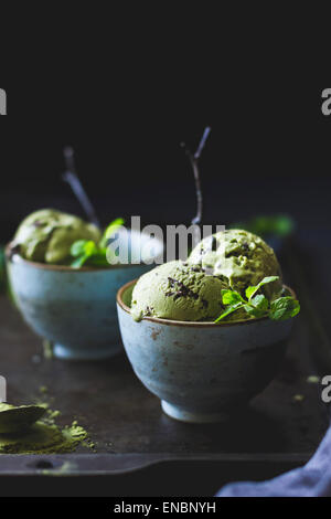 Matcha mint choc chip ice cream Stock Photo