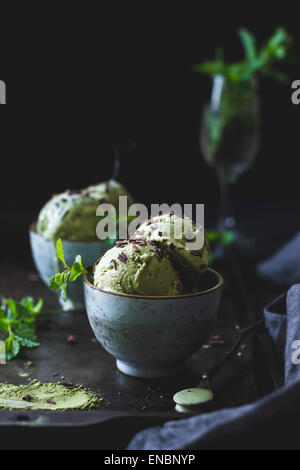 Matcha mint choc chip ice cream Stock Photo