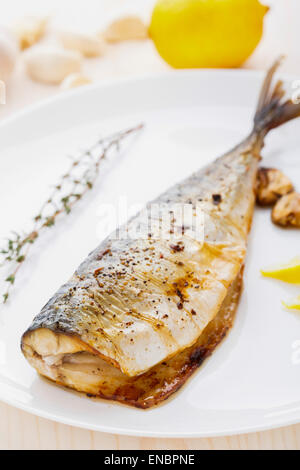 Delicious baked mackerel on a white plate Stock Photo