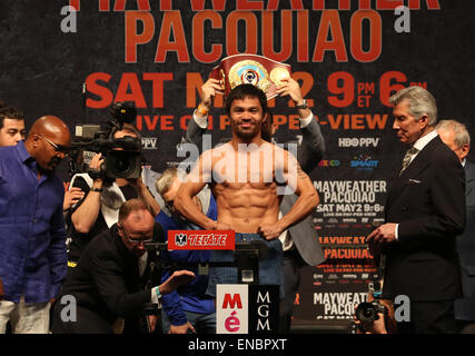 Las Vegas, Nevada, USA. 1st May, 2015. MANNY PACQUIAO officially weighed in Friday at the MGM Grand ahead of Saturday night's welterweight championship fight at the Garden Arena. A record 11,500 boxing fans filled the MGM Grand Garden Arena. Mayweather weighed in at 146 lbs. Credit:  Craig Durling/ZUMA Wire/Alamy Live News Stock Photo