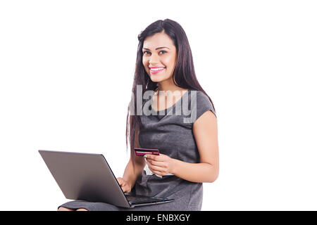 1 indian Business woman laptop Credit Card shoping Stock Photo