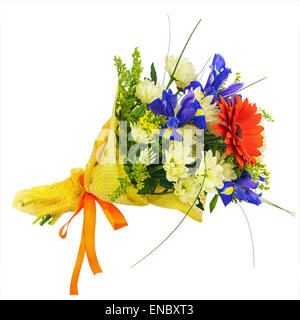 Flower bouquet from multi colored gerbera, iris and other flowers isolated on white background. Closeup. Stock Photo