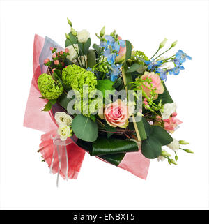 Flower bouquet from multi colored roses, iris and other flowers isolated on white background. Closeup. Stock Photo