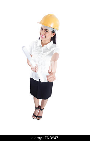 1 indian Architect woman Thumbs Up Showing Stock Photo