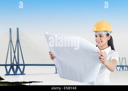 1 indian Architect woman Bridge site map Reading Stock Photo