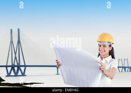 1 indian Architect woman Bridge site map Reading Stock Photo