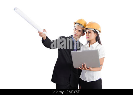 2 indian Engineer Colleague  Project Laptop Planning Stock Photo