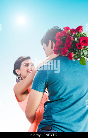 2 indian Married Couples rose Bouquet Surprise Valentine Day Stock Photo