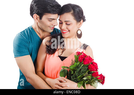 2 indian Married Couples rose Bouquet Surprise Valentine Day Stock Photo