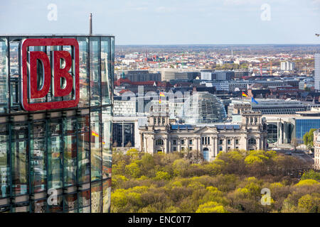 View over central Berlin, German parliament, the 'Reichstag', Deutsche Bahn, German Railway company, HQ Stock Photo