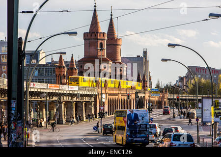 Oberbaumbrücke, a bridge over river Spree, subway, local trains, tram, using the bridge, Berlin, Stock Photo