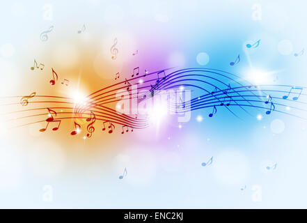 abstract music notes and blurry lights on bright multicolor background Stock Photo