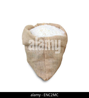 Raw rice sack isolated on white background. Stock Photo