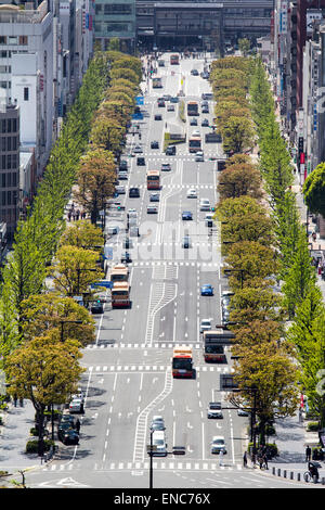 Aerial view of the Ootemae-dori, the seven lane main street through the centre of Himeji city in Japan that goes from the station to the castle. Stock Photo