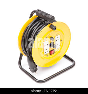 yellow extension cable reel on white Stock Photo