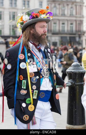 Westminster, London, UK. 2 May 2015. Pictured: Adam Garland, Squire of the Morris Ring. Westminster Day of Dance. Nine Morris Mens' dancing groups gathered in Westminster and performed dances culminating in a massed performance in Trafalgar Square. Credit:  OnTheRoad/Alamy Live News Stock Photo