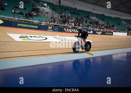 Manchester, UK. 2nd May, 2015.  Alex Dowsett, Movistar, broke the UCI cycling Hour world record at Manchester velodrome. Stock Photo