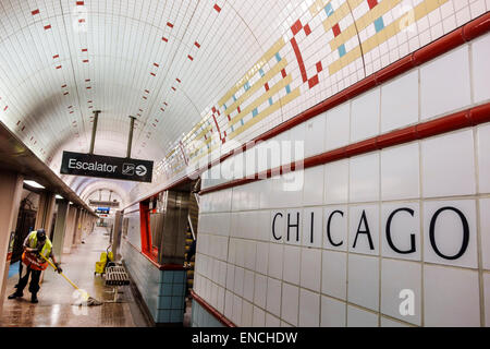 Chicago Illinois,Chicago Transit Authority,CTA,public transportation system,Red Line,Chicago station,sign,escalator,tile,arched ceiling,Black man men Stock Photo