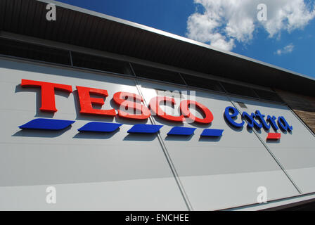 Dudley - Apr 26: View of a Tesco logo on the outside of a Extra store on Apr 26th, 2015 in Dudley, UK. Stock Photo