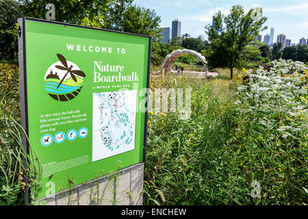 Chicago Illinois,North Side,Lincoln Park,Lincoln Park Zoo,public park,Nature Boardwalk,sign,map,People's Gas Education Pavilion,ecosystem,native plant Stock Photo