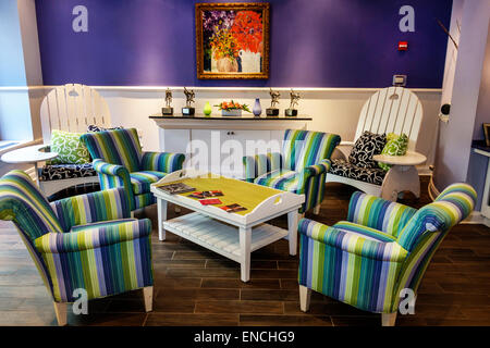 Chicago Illinois,Gold Coast Historic District,Hotel Indigo,boutique,hotel,blue,hue,lobby,seats,chair,stripe,tile,painting,decor,interior inside,IL1409 Stock Photo