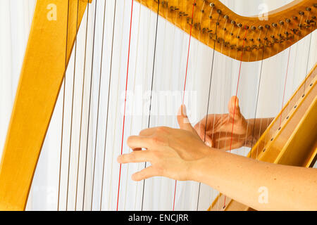 Close up hands playing celtic harp. Fingers are on the snares. Stock Photo