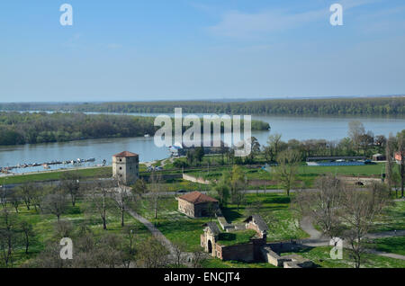 Confluence of the river Sava into the Danube in Serbian capital Belgrade Stock Photo