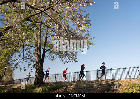 Runners at the Jacqueline Kennedy Onassis Reservoir in Central Park, NYC early on a spring morning Stock Photo