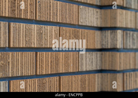 A brown brick wall from an angle that fades into a blurred background. Stock Photo