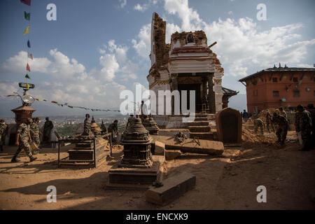 Kathmandu, Nepal. 2nd May, 2015. One of the two tower in the Swayambhu Nath Temple collapsed during the earthquake. Credit:  Guillaume Payen/ZUMA Wire/ZUMAPRESS.com/Alamy Live News