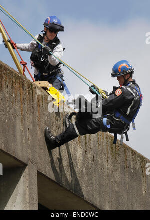 (150503) -- VANCOUVER, Canada, May 3, 2015 (Xinhua) -- A member of Vancouver's heavy urban search and rescue team demonstrates rappelling down from the roof top with a search dog at the City Hall in Vancouver, Canada, May 2, 2015. Members from Vancouver's heavy urban search and rescue team demonstrate various search and rescue techniques and tactics during an urban disaster simulation at city hall's abandoned east annex to kick off national emergency preparedness week. (Xinhua/Liang sen) Stock Photo