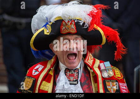 The town crier from Great Baddow in Essex proclaims the birth of a new royal baby girl for Prince William and Catherine Stock Photo