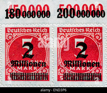 Unused pair of  1923 German 2,000,000 Mark overprinted “hyper-inflation” stamps - Germany. Stock Photo