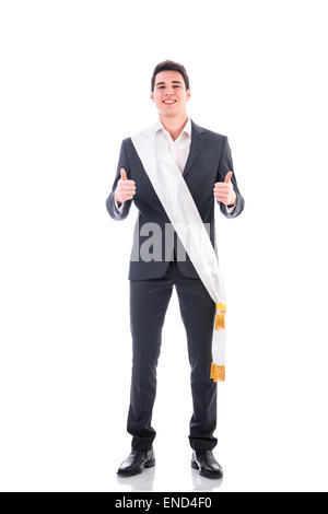 Man With Ribbon Young elegant man wearing winning ribbon or sash Stock Photo - Alamy