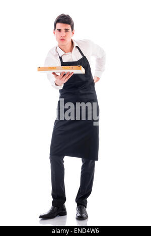 Attractive young chef or waiter holding pizza box Stock Photo
