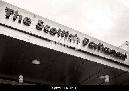 The Scottish Parliament building sign in black and white at dramatic angle Stock Photo