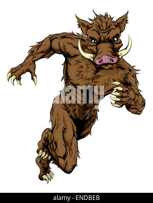 A drawing of a mean looking boar sports character mascot running Stock Photo