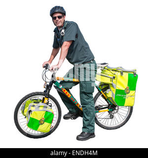 A cut out of a Wiltshire NHS trust paramedic on a Cycle Response Unit Stock Photo