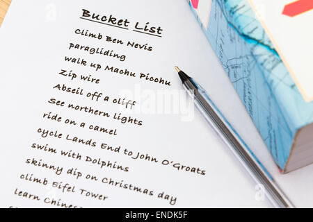 An English person's to do list of ideas plans written on white note paper with a black pen and travel guide book. England UK. Ambition concept Stock Photo