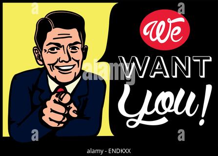 We want you! Vintage businessman picking candidate for job vacancy, we're hiring, recruitment illustration Stock Vector