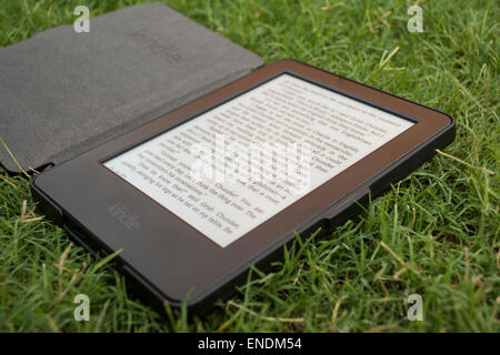 Amazon Kindle e-book reader on grass Stock Photo