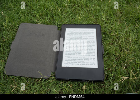 Amazon Kindle e-book reader on grass Stock Photo