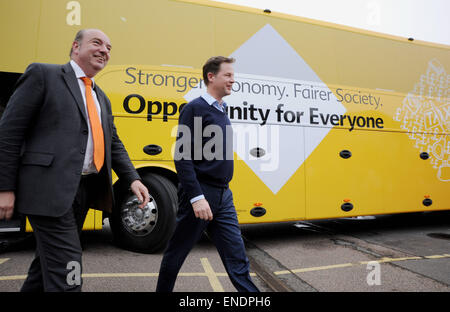 Newhaven Sussex UK 3rd May 2015 - Norman Baker the prospective candidate for Lewes with Nick Clegg the leader of Liberal Democrats and Deputy Prime Minister during his visit to the Paradise Park Centre Newhaven today Photograph taken by Simon Dack Stock Photo