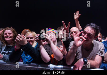 Crowd members at Super Furry Animals gig in Cardiff's Great Hall - 1st May 2015 Stock Photo