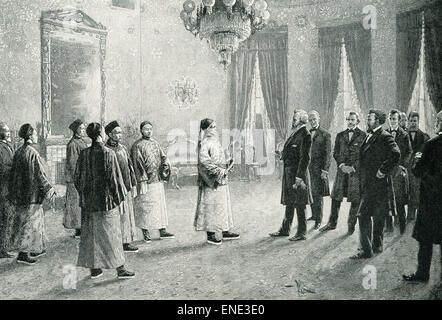 This illustration shows President Hayes and his cabinet receiving Chen Lan Pin and the first resident Chinese embassy in the United States on September 28, 1878. The idea was to: Unite the East and the West under an enlightened and progressive civilization. After Hayes became president, Congress passed a bill to prevent the Chinese from coming to the U.S. Hayes vetoed the bill. He then made arrangements to receive a Chinese embassy at the White House (seen here). Stock Photo