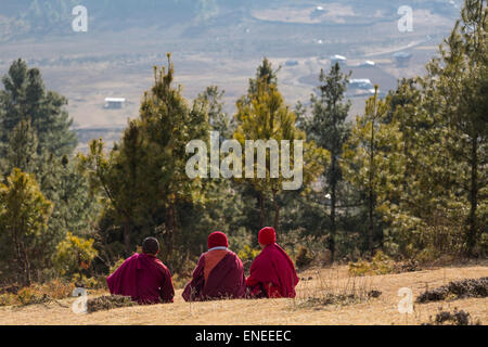 Monks near Gangtey Monastery, Phobjikha Valley, Western Bhutan, Asia Stock Photo